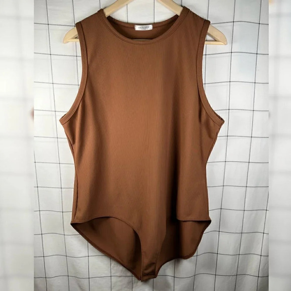 XXL Petite Brown Ribbed Stretch Sleeveless Racerback Bodysuit - Picture 1 of 5